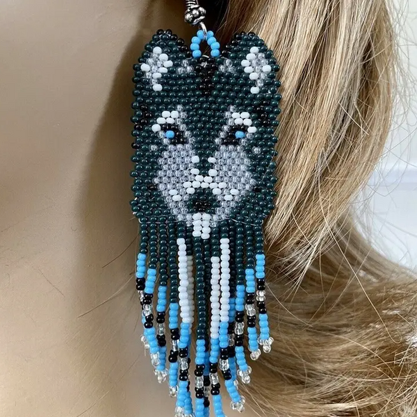 Handmade Beaded Wolf Earrings